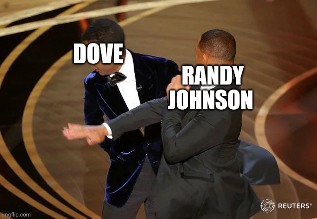 Obliterated | DOVE; RANDY JOHNSON | image tagged in will smith punching chris rock | made w/ Imgflip meme maker