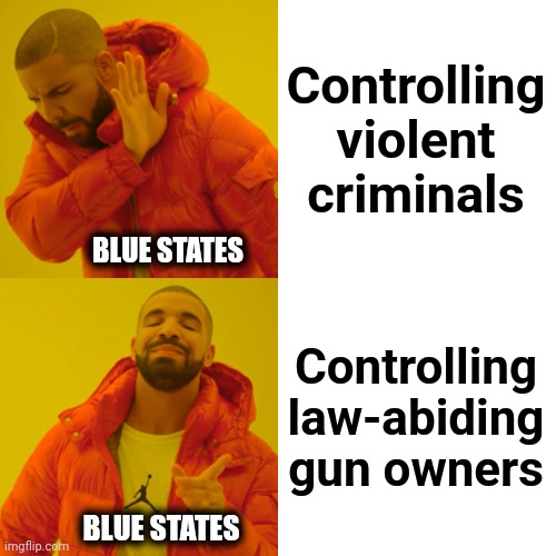 Drake Hotline Bling Meme | Controlling violent criminals Controlling law-abiding gun owners BLUE STATES BLUE STATES | image tagged in memes,drake hotline bling | made w/ Imgflip meme maker
