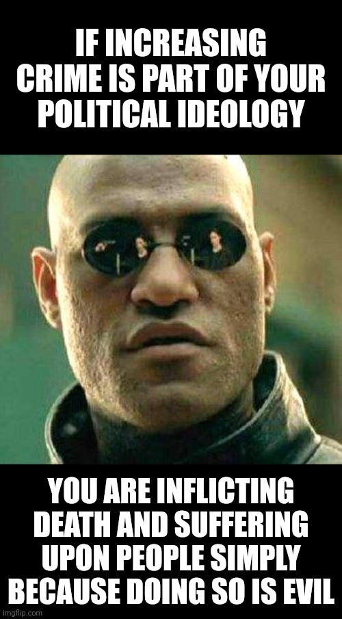 What if i told you | IF INCREASING CRIME IS PART OF YOUR POLITICAL IDEOLOGY YOU ARE INFLICTING DEATH AND SUFFERING UPON PEOPLE SIMPLY BECAUSE DOING SO IS EVIL | image tagged in what if i told you | made w/ Imgflip meme maker