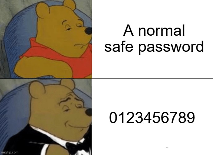 When people make passwords | A normal safe password; 0123456789 | image tagged in memes,tuxedo winnie the pooh | made w/ Imgflip meme maker