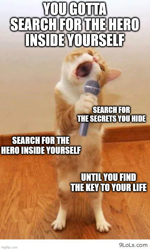 Kitty believes in you! | YOU GOTTA SEARCH FOR THE HERO INSIDE YOURSELF; SEARCH FOR THE SECRETS YOU HIDE; SEARCH FOR THE HERO INSIDE YOURSELF; UNTIL YOU FIND THE KEY TO YOUR LIFE | image tagged in cat singer,motivation,motivational,song lyrics,fun | made w/ Imgflip meme maker