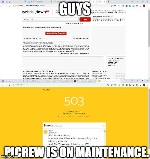 It's Urgent news. | GUYS; PICREW IS ON MAINTENANCE. | image tagged in news,picrew,maintenance | made w/ Imgflip meme maker