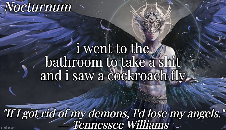 Nocturnum's angel temp | i went to the bathroom to take a shit and i saw a cockroach fly | image tagged in nocturnum's angel temp | made w/ Imgflip meme maker