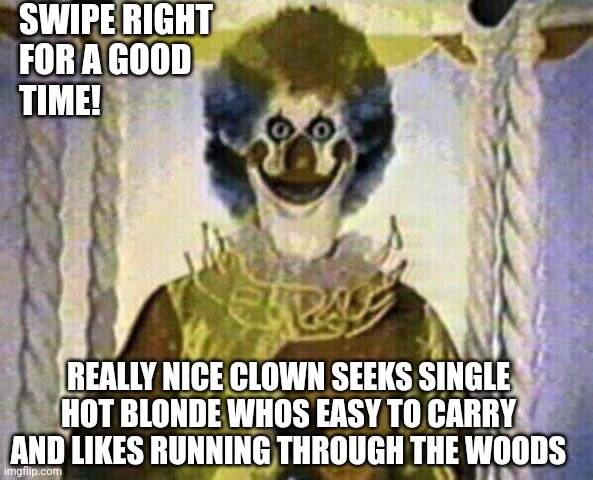 Tinder clown | SWIPE RIGHT 
FOR A GOOD 
TIME! REALLY NICE CLOWN SEEKS SINGLE HOT BLONDE WHOS EASY TO CARRY AND LIKES RUNNING THROUGH THE WOODS | image tagged in creepy clown | made w/ Imgflip meme maker