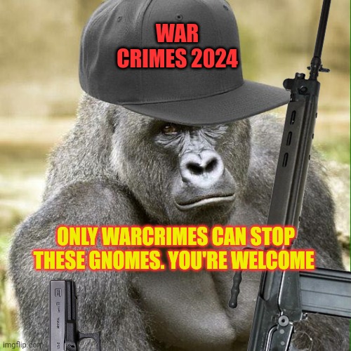 I'm halping | WAR CRIMES 2024; ONLY WARCRIMES CAN STOP THESE GNOMES. YOU'RE WELCOME | image tagged in ghetto harambe,ive committed various war crimes,killing,gnomes | made w/ Imgflip meme maker