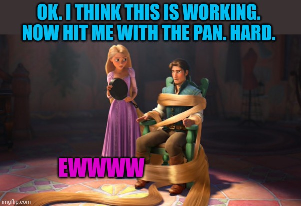 I guess that's what he's into... | OK. I THINK THIS IS WORKING. NOW HIT ME WITH THE PAN. HARD. EWWWW | image tagged in rapunzel tied flynn,rapunzel,flynn,fetish,its time to stop | made w/ Imgflip meme maker