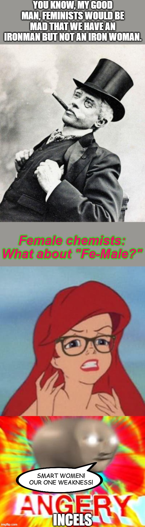 No one expects the smart woman. | YOU KNOW, MY GOOD MAN, FEMINISTS WOULD BE MAD THAT WE HAVE AN IRONMAN BUT NOT AN IRON WOMAN. Female chemists: What about "Fe-Male?"; SMART WOMEN! OUR ONE WEAKNESS! INCELS | image tagged in smug gentleman,hipster ariel,surreal angery,feminist,incel,feminazi | made w/ Imgflip meme maker