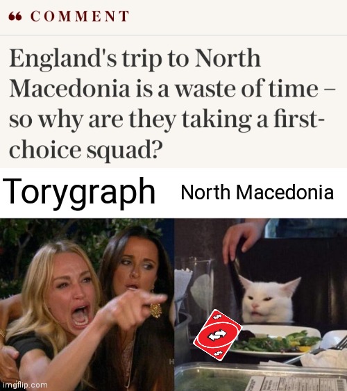 Torygraph v. North Macedonia | Torygraph; North Macedonia | image tagged in memes,woman yelling at cat | made w/ Imgflip meme maker