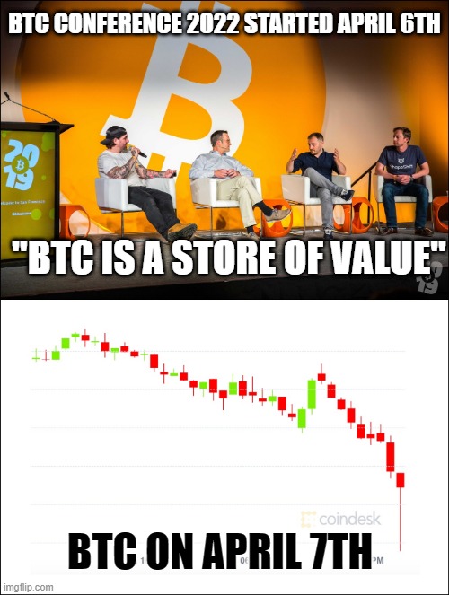 bitcoin | BTC CONFERENCE 2022 STARTED APRIL 6TH; "BTC IS A STORE OF VALUE"; BTC ON APRIL 7TH | image tagged in btc,btc2022 | made w/ Imgflip meme maker