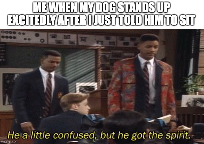 Hehe they do be like that sometimes! | ME WHEN MY DOG STANDS UP EXCITEDLY AFTER I JUST TOLD HIM TO SIT | image tagged in fresh prince he a little confused but he got the spirit,funny,fun,memes,dogs,adorable | made w/ Imgflip meme maker
