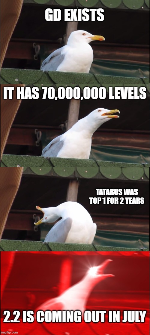Geometry Dash Meme #3 | GD EXISTS; IT HAS 70,000,000 LEVELS; TATARUS WAS TOP 1 FOR 2 YEARS; 2.2 IS COMING OUT IN JULY | image tagged in memes,inhaling seagull | made w/ Imgflip meme maker