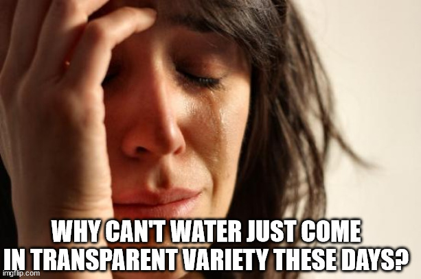 First World Problems Meme | WHY CAN'T WATER JUST COME IN TRANSPARENT VARIETY THESE DAYS? | image tagged in memes,first world problems | made w/ Imgflip meme maker