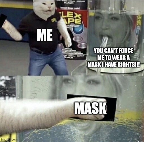 Instead of using mask to protect, how about we use them to shut those karens up. | ME; YOU CAN'T FORCE ME TO WEAR A MASK I HAVE RIGHTS!!! MASK | image tagged in woman yelling at cat flex tape crossover | made w/ Imgflip meme maker