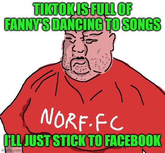 Big Baz hates Tiktok |  TIKTOK IS FULL OF FANNY'S DANCING TO SONGS; I'LL JUST STICK TO FACEBOOK | image tagged in norf fc,memes,tiktok,facebook,baby boomers | made w/ Imgflip meme maker