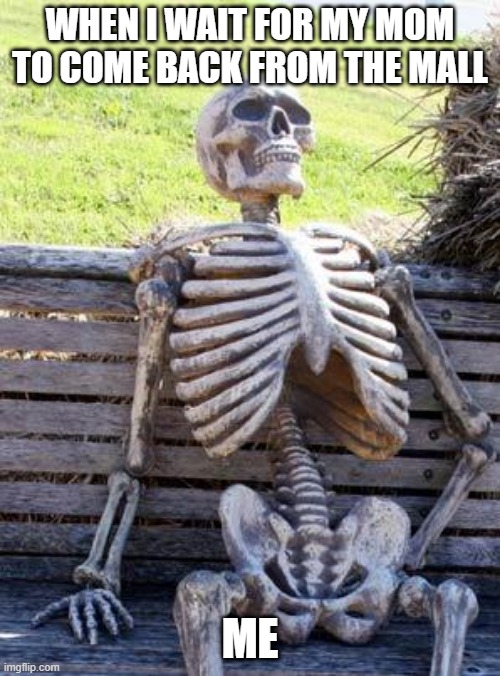 Waiting Skeleton Waits | WHEN I WAIT FOR MY MOM TO COME BACK FROM THE MALL; ME | image tagged in memes,waiting skeleton | made w/ Imgflip meme maker