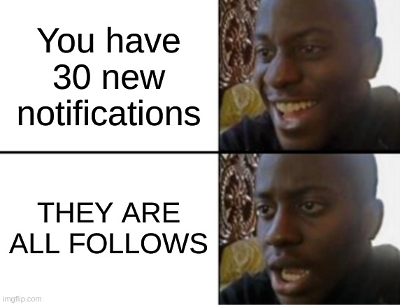 Oh yeah! Oh no... | You have 30 new notifications; THEY ARE ALL FOLLOWS | image tagged in oh yeah oh no | made w/ Imgflip meme maker