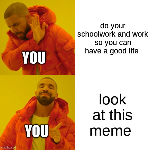 its true | do your schoolwork and work so you can have a good life; YOU; look at this meme; YOU | image tagged in memes,drake hotline bling | made w/ Imgflip meme maker