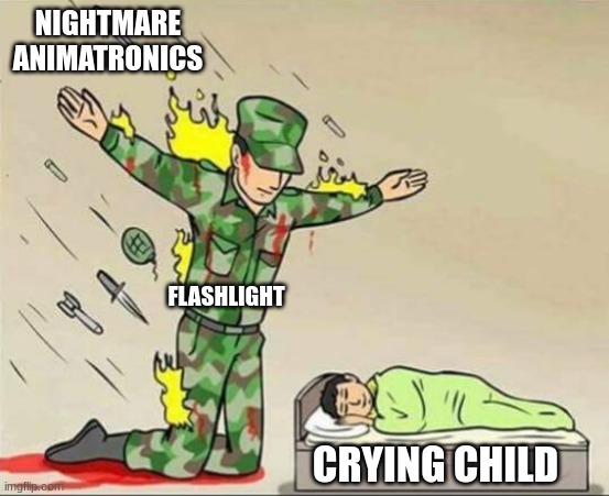 FNaF 4 Logic | NIGHTMARE ANIMATRONICS; FLASHLIGHT; CRYING CHILD | image tagged in soldier protecting sleeping child | made w/ Imgflip meme maker