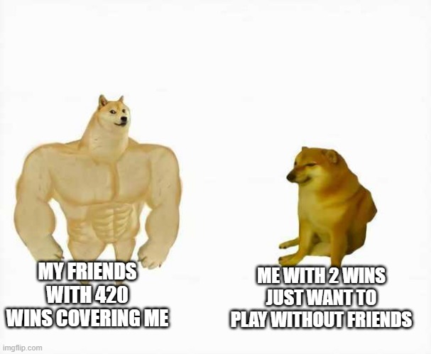 truth of games | MY FRIENDS WITH 420 WINS COVERING ME; ME WITH 2 WINS JUST WANT TO PLAY WITHOUT FRIENDS | image tagged in strong dog vs weak dog | made w/ Imgflip meme maker