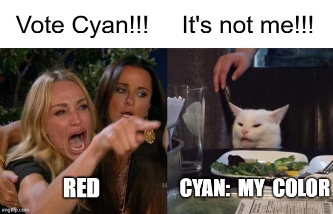 Woman Yelling At Cat Meme | Vote Cyan!!! It's not me!!! RED; CYAN:  MY  COLOR | image tagged in memes,woman yelling at cat | made w/ Imgflip meme maker