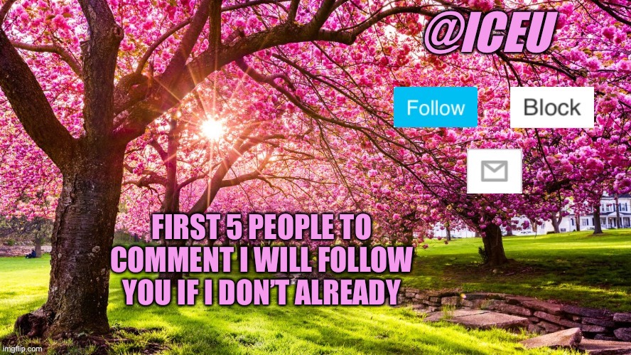 Iceu Spring Template | FIRST 5 PEOPLE TO COMMENT I WILL FOLLOW YOU IF I DON’T ALREADY | image tagged in iceu spring template | made w/ Imgflip meme maker