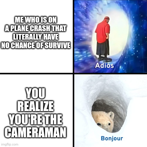 Epik title | ME WHO IS ON A PLANE CRASH THAT LITERALLY HAVE NO CHANCE OF SURVIVE; YOU REALIZE YOU'RE THE CAMERAMAN | image tagged in adios bonjour | made w/ Imgflip meme maker