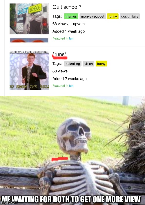 *waiting intensifies* | ME WAITING FOR BOTH TO GET ONE MORE VIEW | image tagged in memes,waiting skeleton,funny | made w/ Imgflip meme maker