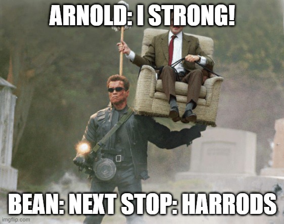 Arnold Schwarzenegger Mr. Bean | ARNOLD: I STRONG! BEAN: NEXT STOP: HARRODS | image tagged in arnold schwarzenegger mr bean | made w/ Imgflip meme maker