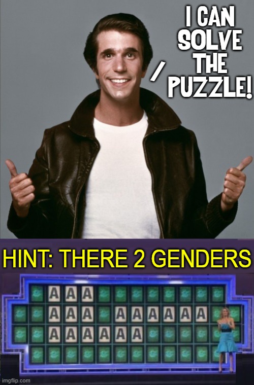 Even The Fonz can do it... AAA? | I CAN
SOLVE
THE
PUZZLE! /; HINT: THERE 2 GENDERS | image tagged in vince vance,wheel of fortune,memes,only 2 genders,the fonz,gender confusion | made w/ Imgflip meme maker