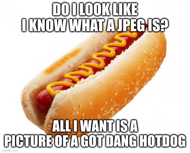 ez hotdog | DO I LOOK LIKE I KNOW WHAT A JPEG IS? ALL I WANT IS A PICTURE OF A GOT DANG HOTDOG | image tagged in hot dog,funny memes,mr incredible becoming uncanny | made w/ Imgflip meme maker