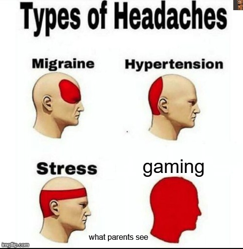 ITS TRUE | gaming; what parents see | image tagged in types of headaches meme,the truth | made w/ Imgflip meme maker
