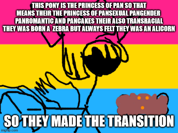 Pansexual flag | THIS PONY IS THE PRINCESS OF PAN SO THAT MEANS THEIR THE PRINCESS OF PANSEXUAL PANGENDER  PANROMANTIC AND PANCAKES THEIR ALSO TRANSRACIAL THEY WAS BORN A  ZEBRA BUT ALWAYS FELT THEY WAS AN ALICORN; SO THEY MADE THE TRANSITION | image tagged in pansexual flag | made w/ Imgflip meme maker