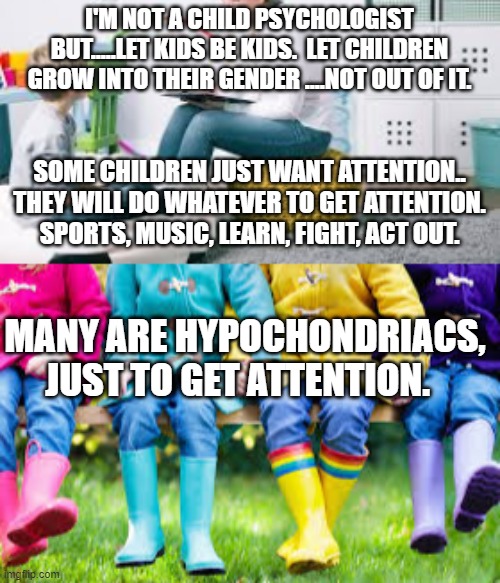 Let kids grow into their gender...not out of it | I'M NOT A CHILD PSYCHOLOGIST BUT.....LET KIDS BE KIDS.  LET CHILDREN GROW INTO THEIR GENDER ....NOT OUT OF IT. SOME CHILDREN JUST WANT ATTENTION.. THEY WILL DO WHATEVER TO GET ATTENTION. SPORTS, MUSIC, LEARN, FIGHT, ACT OUT. MANY ARE HYPOCHONDRIACS, JUST TO GET ATTENTION. | image tagged in children | made w/ Imgflip meme maker