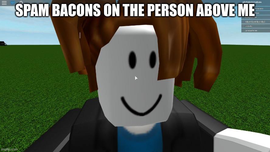 plz | SPAM BACONS ON THE PERSON ABOVE ME | image tagged in roblox bacon hair | made w/ Imgflip meme maker