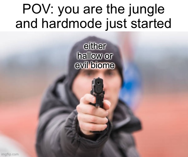 WHY MUST THE JUNGLE ALWAYS GET SCREWED OVER BY THEM AAAAA | POV: you are the jungle and hardmode just started; either hallow or evil biome | image tagged in pov you are,terraria,jungle,stop,pov | made w/ Imgflip meme maker