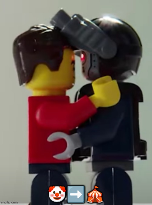 Lego man hugging a lego robot | 🤡➡️🎪 | image tagged in lego man hugging a lego robot | made w/ Imgflip meme maker