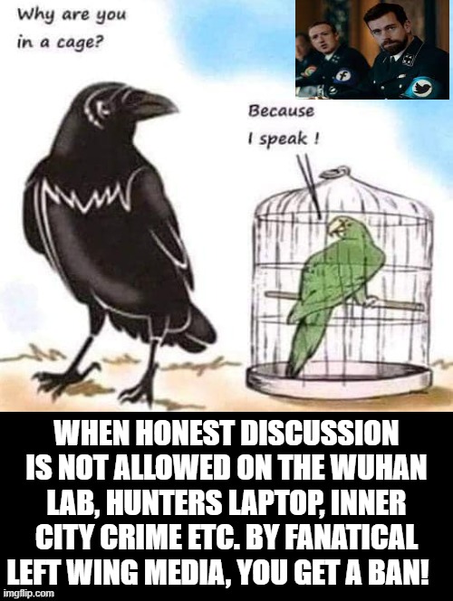 Why am I in a cage? |  WHEN HONEST DISCUSSION IS NOT ALLOWED ON THE WUHAN LAB, HUNTERS LAPTOP, INNER CITY CRIME ETC. BY FANATICAL LEFT WING MEDIA, YOU GET A BAN! | image tagged in truth,twitter,facebook | made w/ Imgflip meme maker