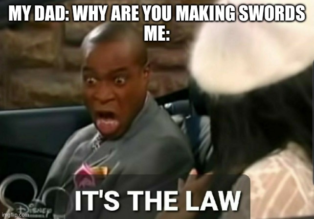 It's the law | MY DAD: WHY ARE YOU MAKING SWORDS
ME: | image tagged in it's the law | made w/ Imgflip meme maker