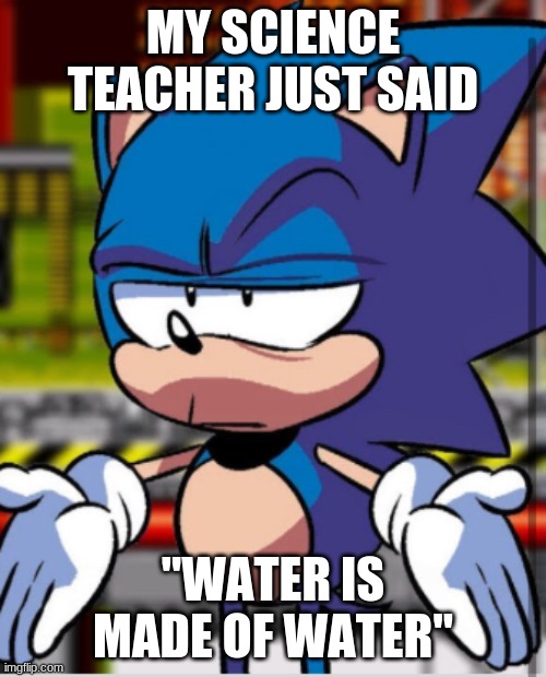 duh | MY SCIENCE TEACHER JUST SAID; "WATER IS MADE OF WATER" | image tagged in sonic bruh,hmm yes the floor here is made out of floor,water | made w/ Imgflip meme maker