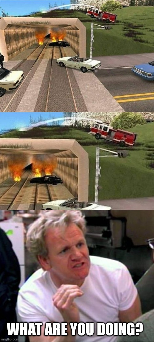 HE A LITTLE CONFUSED | WHAT ARE YOU DOING? | image tagged in gordon ramsay,gta,gta san andreas,fire truck,fail,video games | made w/ Imgflip meme maker