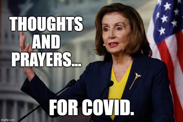 Nance got the covid. Go covid! | THOUGHTS
AND
PRAYERS... FOR COVID. | image tagged in nancy pelosi,covid-19,memes,thoughts and prayers | made w/ Imgflip meme maker