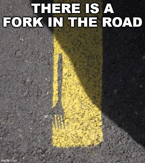 THERE IS A FORK IN THE ROAD | image tagged in eye roll | made w/ Imgflip meme maker