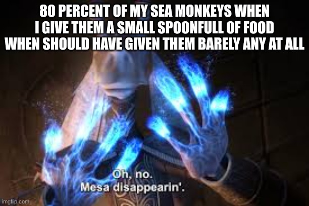 oh no mesa disappearing | 80 PERCENT OF MY SEA MONKEYS WHEN I GIVE THEM A SMALL SPOONFULL OF FOOD WHEN SHOULD HAVE GIVEN THEM BARELY ANY AT ALL | image tagged in oh no mesa disappearing | made w/ Imgflip meme maker