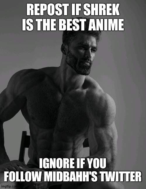 Giga Chad | REPOST IF SHREK IS THE BEST ANIME; IGNORE IF YOU FOLLOW MIDBAHH'S TWITTER | image tagged in giga chad | made w/ Imgflip meme maker