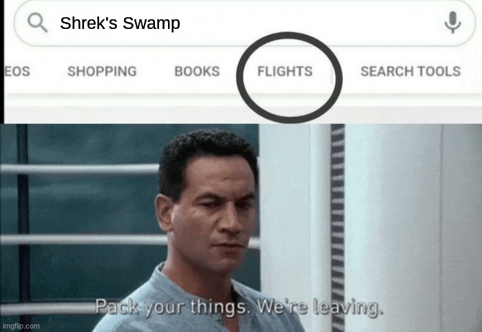 Pack your things Google Flights | Shrek's Swamp | image tagged in pack your things google flights | made w/ Imgflip meme maker