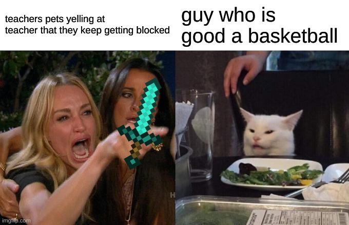 Woman Yelling At Cat | teachers pets yelling at teacher that they keep getting blocked; guy who is good a basketball | image tagged in memes,woman yelling at cat | made w/ Imgflip meme maker