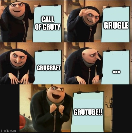 think of an app and replace the first word with gru | CALL OF GRUTY; GRUGLE; ... GRUCRAFT; GRUTUBE!! | image tagged in 5 panel gru meme,memes | made w/ Imgflip meme maker