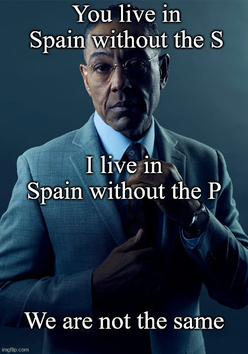 We are not the same | You live in Spain without the S; I live in Spain without the P; We are not the same | image tagged in we are not the same | made w/ Imgflip meme maker