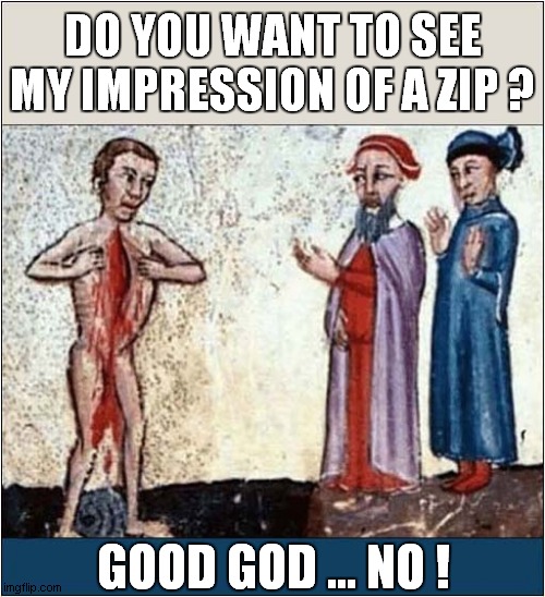 Medieval Talent Show Contestant ! | DO YOU WANT TO SEE MY IMPRESSION OF A ZIP ? GOOD GOD ... NO ! | image tagged in medieval,talent,impressions,dark humour | made w/ Imgflip meme maker
