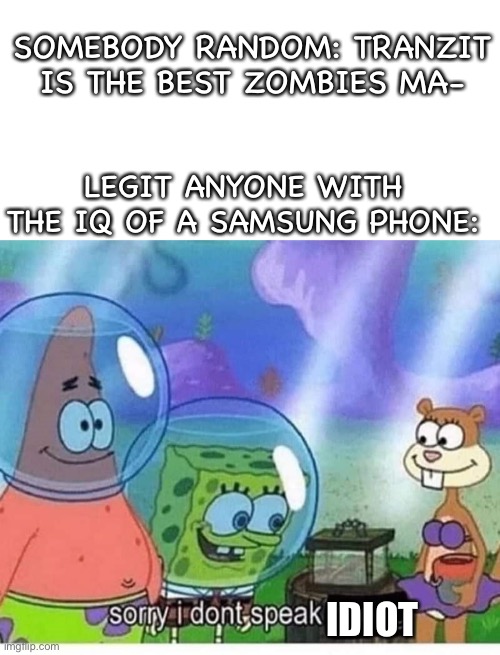 Origins good map | SOMEBODY RANDOM: TRANZIT IS THE BEST ZOMBIES MA-; LEGIT ANYONE WITH THE IQ OF A SAMSUNG PHONE:; IDIOT | image tagged in sorry i dont speak wrong,black ops,zombies | made w/ Imgflip meme maker